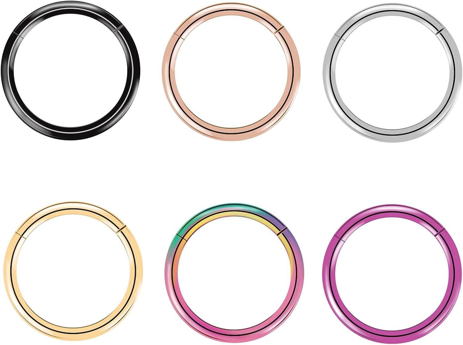 Artskin Lot de 6 anneaux de nez G23 en titane - 20 G, 18 G, 16 g - Diamètre : 6 mm à 10 mm - Anneau segment à charnière - Anneau de lèvre - Conch Daith Helix Rook Tragus Ear Body Piercing Bijoux,