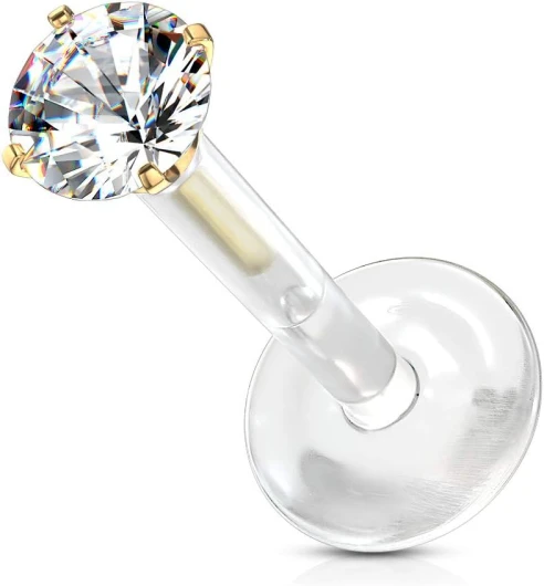 Tata Gisèle Piercing Labret Monroe en Acier Chirurgical 316L, Bio Flex et Oxyde de Zirconium - Zircon Rond Serti sur Tige d'acier Argenté ou Or Doré à Pousser sur Une Base Bio Flex