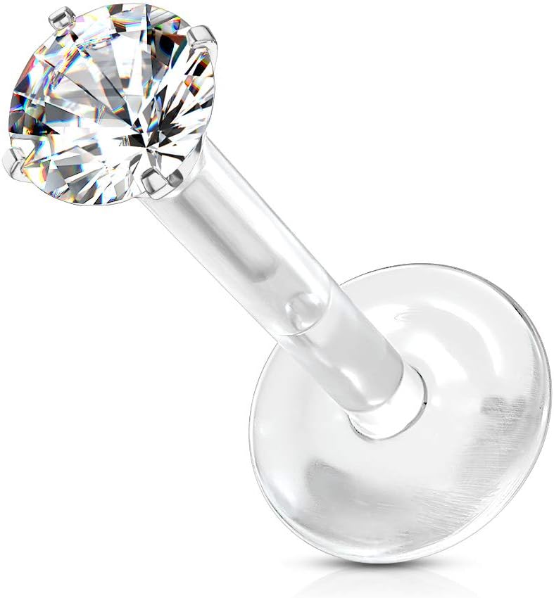 Piercing Labret Monroe Acier Chirurgical et Bioflex - Labret Type Push in avec Zircon Rond Serti Quatre Griffes et Base Plate en Bio Flex - Or Doré / Clair 6 Millimètres