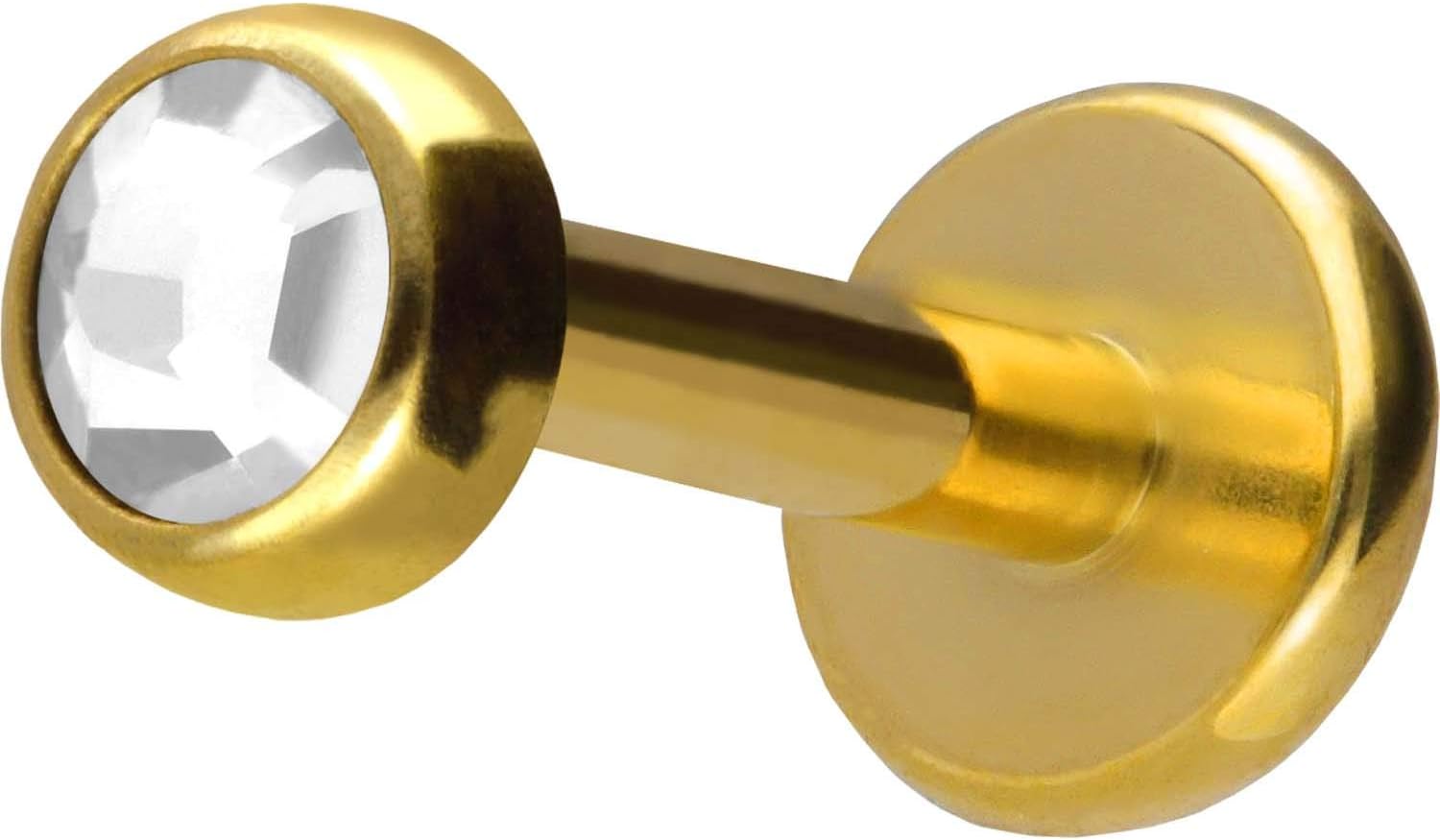 PIERCINGLINE Piercing labret en titane - Filetage intérieur - Disque en cristal - Piercing oreille, lèvre, nez - Couleur et taille au choix doré, disque de 3 mm, cristal transparent Épaisseur de la tige : 1,2 mm - Longueur de la tige : 5 mm.