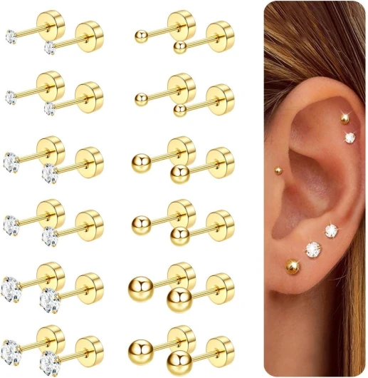 CASSIECA 12 Paires Boucles D'oreilles pour Femmes Hommes En Acier Inoxydable Minuscule Oreille Stud Piercing Petit CZ Boule Ronde Vis Plat Dos Cartilage Boucles D'oreilles Ensemble 2-4MM