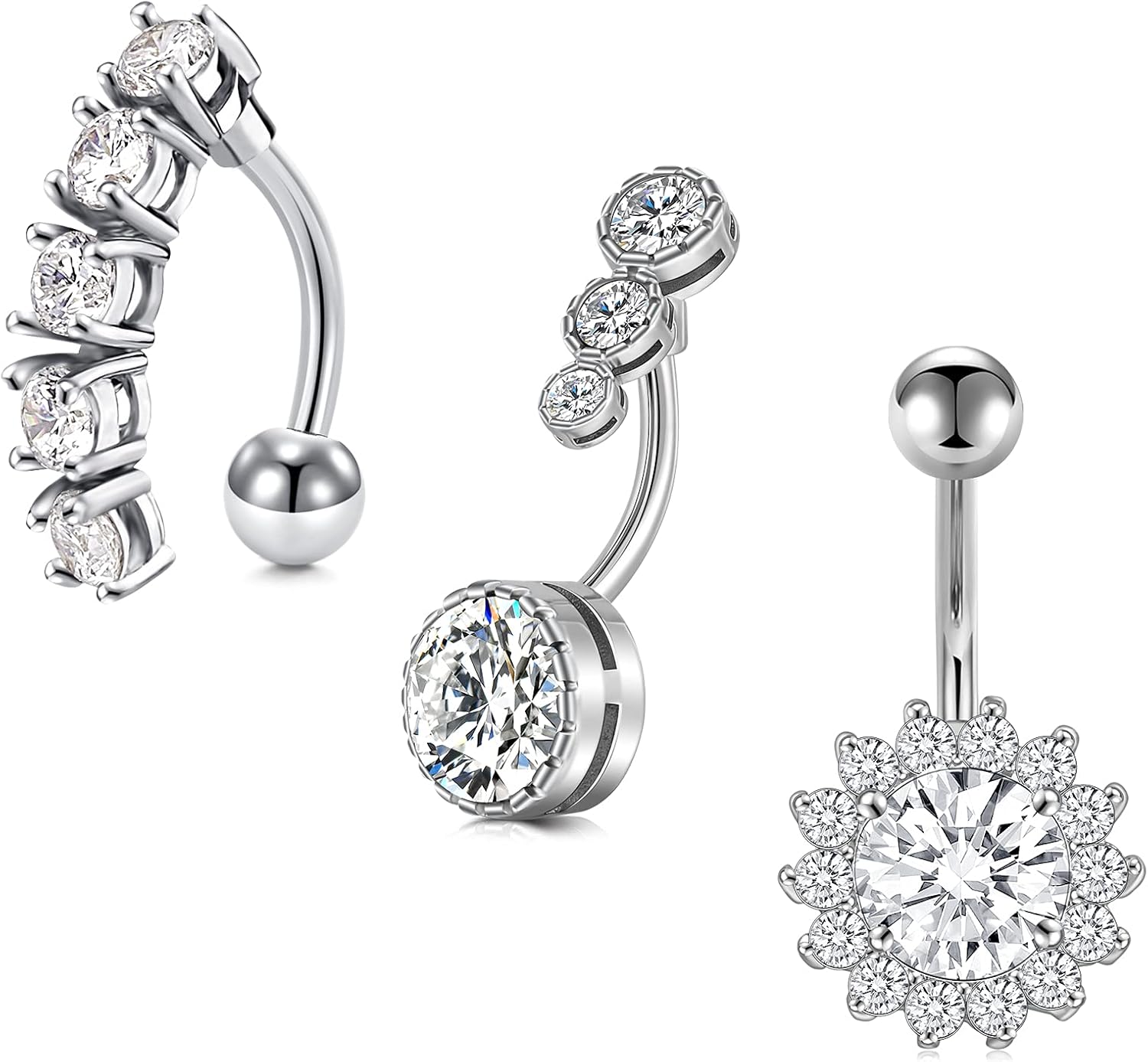 14G Triple CZ Incrusté Piercing Nombril Acier Chirurgical Femme Inverse Clair CZ Piercing Ventre 10MM Banana Barbell Piercing