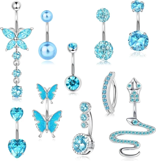 DHINCHANSAIB 10 Stück Bauchnabelpiercing Set,Bauchnabelpiercing Schmetterling Blume Anhänger,Chirurgenstahl Silber Rose, Hängende Schmetterling und Herz Designs, normal, Acier chirurgical 316L de Bleu
