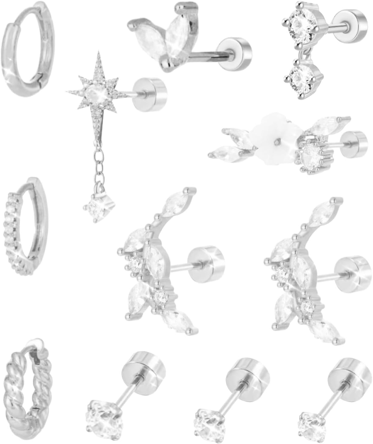 Jomdjmskes 12 Pcs Boucles d'Oreilles Femme, Bijoux Acier Inoxydable Chirurgical Femme, Piercing Oreille, Piercing Cartilage Tragus, Piercing Fleur Oreille Mini Helix Tragus Plusieurs Cartilage, Argent
