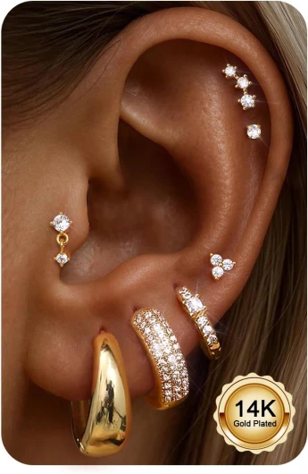 CASSIECA 7Pairs Boucles d'Oreilles Femme Piercing Oreille Acier Inoxydable Boucle d'Oreille Plaqué Or 14K Argent Piercing Helix Tragus Bijoux Femme Ton Or