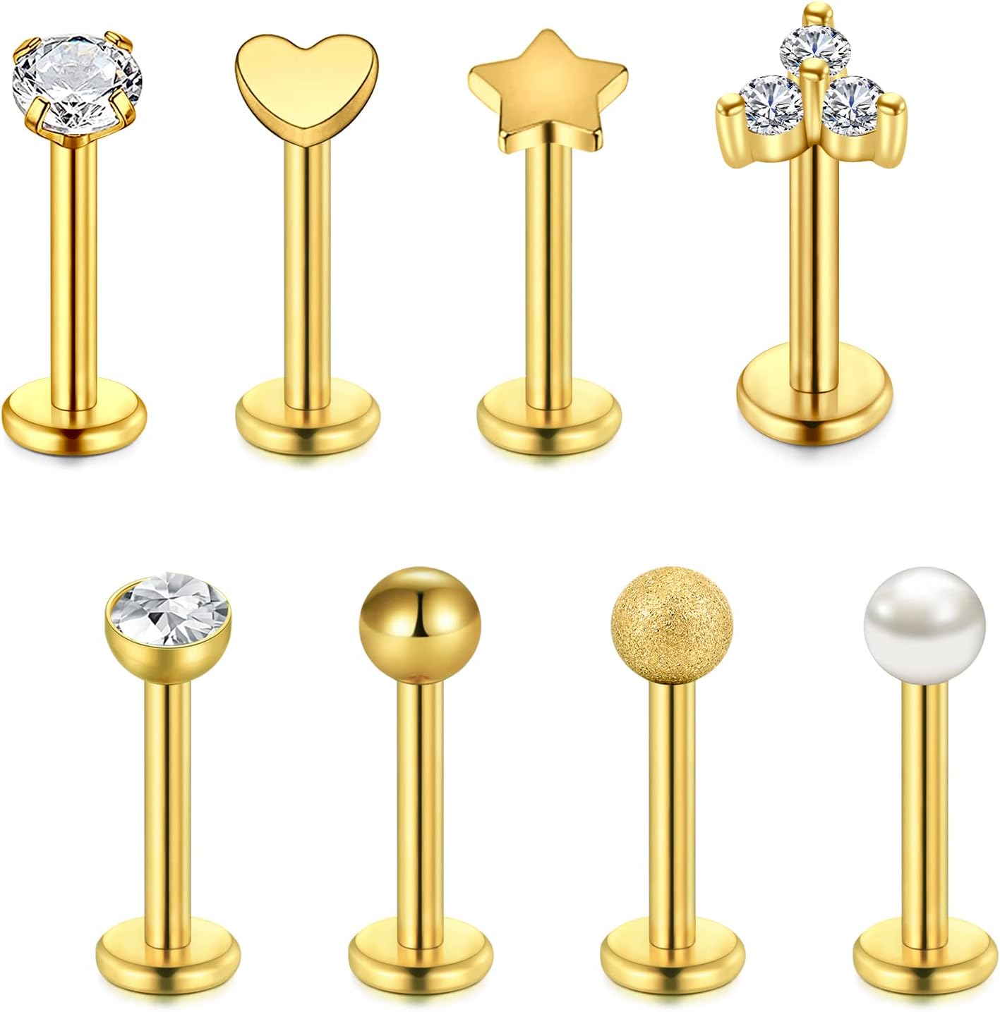 FECTAS 8pièces Piercing Levre Labret Acier Inoxydable 16G 8mm Barres Tragus Monroe Helix Cartilage Piercing Bijoux Style Doré 1