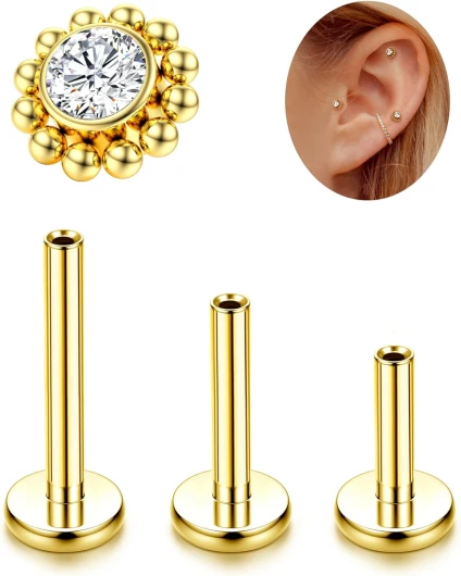 Adramata G23 Titane Piercing Helix Piercing Tragus Hypoallergénique Piercing Labret Levre Filetage Interne Monroe Medusa Piercing Petit CZ Oreille Piercing Conch Tragus Helix Piercing Or Argent
