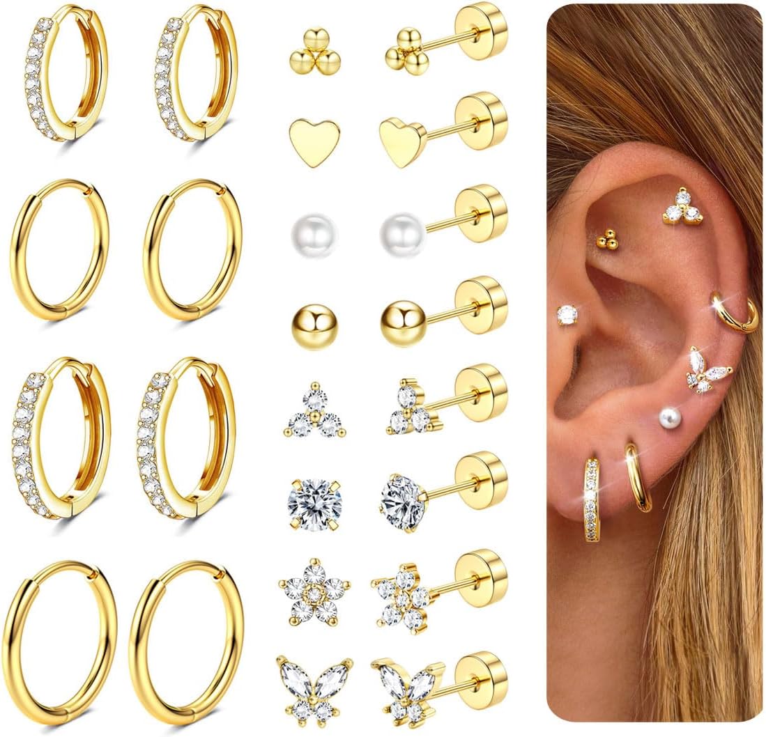 CASSIECA 12 Pairs Boucles d'Oreilles Femme Piercing Oreille Acier Inoxydable Boucle d'Oreille Femme Plaqué Or 14K Creoles Argent Femme Piercing Helix Piercing Tragus Hypoallergénique Bijoux Femme Or-Boucles d'oreilles-1