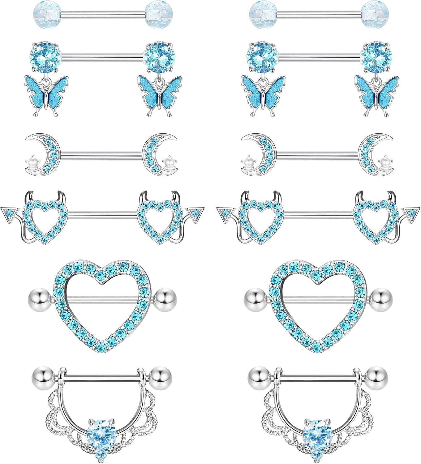 CASSIECA 6 Paires 14G Piercing Teton pour Femme Piercing Tetons Acier Chirurgical Coeur CZ Papillon Piercings Barbells Nipple Piercing Langue Téton Mamelon Rose Bleu Argent Barbell Bijoux de Piercing