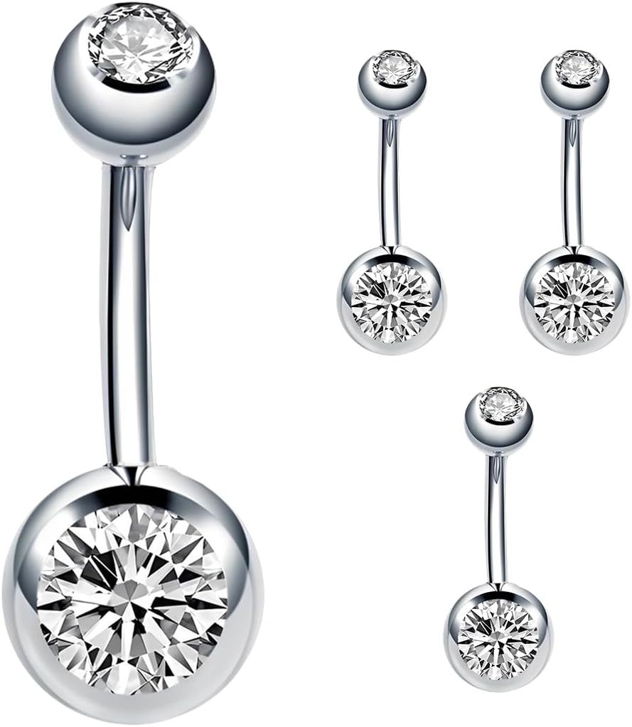 EIHI 4 pcs Piercing Nombril Titane Nombril Billes Court Long Barres Internally Threaded Double Gemme Bijoux Femme Homme Argent