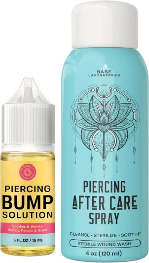 Kit Soin Pour Piercing Base Labs - Huile Chéloïde Perçante (15ml) plus Spray De Soin Piercing (120ml) - Accélérer La Cicatrisation Et Apaiser - Élimination Chéloïdes - Solution Saline Pour Piercings