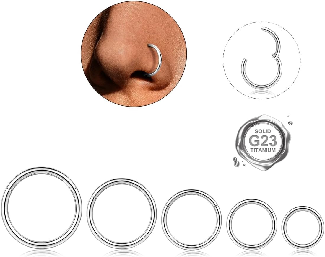 YADOCA 5Pcs G23 Titane Piercing Nez Anneaux pour Femmes Hommes Piercing Nez Septum Anneau Segment Hinged Clicker Cartlidge Daith Conch Helix Piercings Bijoux 6-10mm