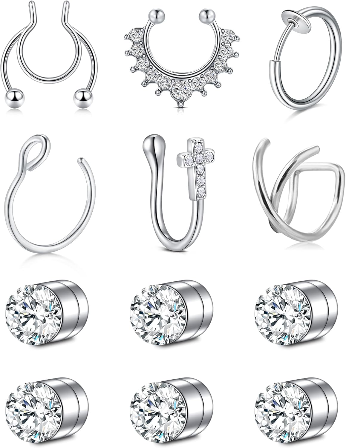 FECTAS 8pcs Faux Anneau Nez Lèvre Boucle d'oreille Cerceau Acier Inoxydable Clip Non Percé Corps Piercing Bijoux