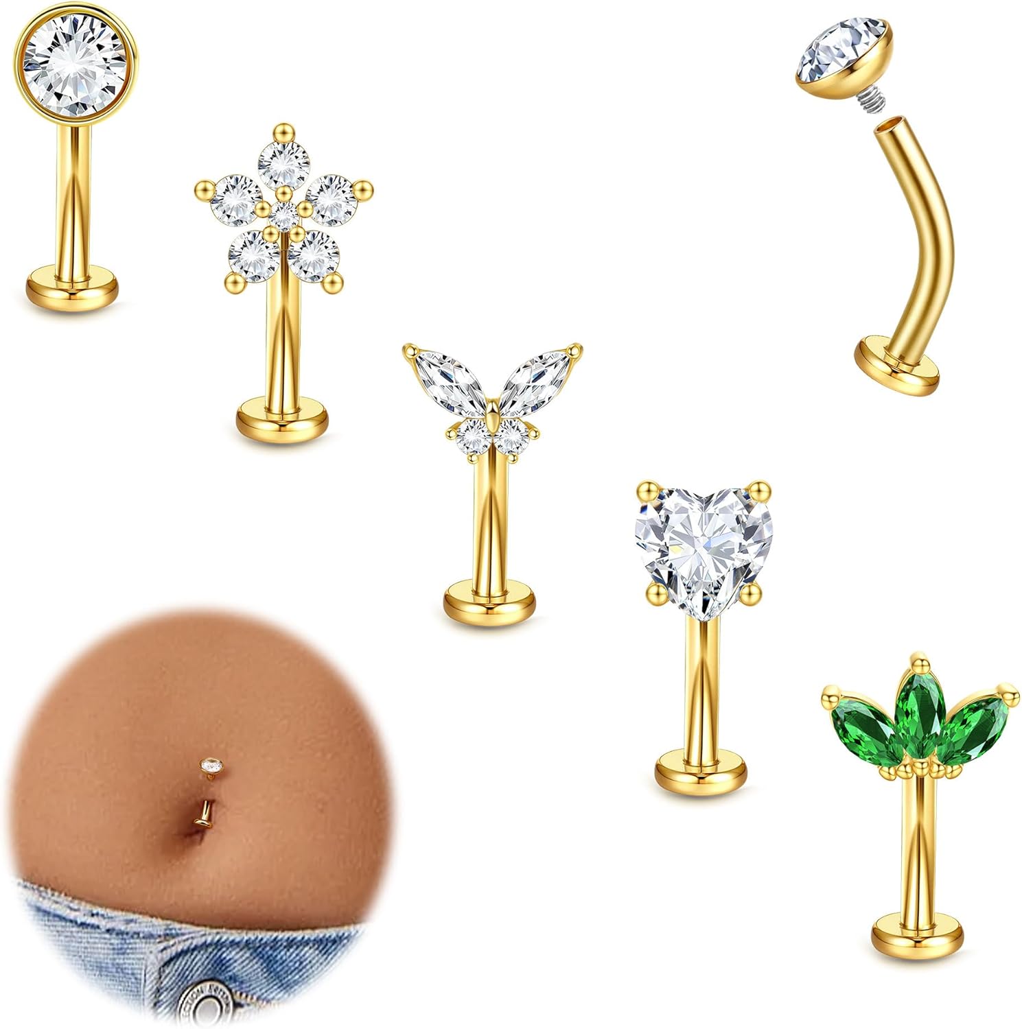 Piercing Nombril Acier Chirurgical 14G Piercing Nombril Or Argent Fileté Intérieurement Flottant Nombril Piercing Anneau 10/12/14mm Short Belly Bar Coeur Papillon Dos Plat Piercing 12MM Or