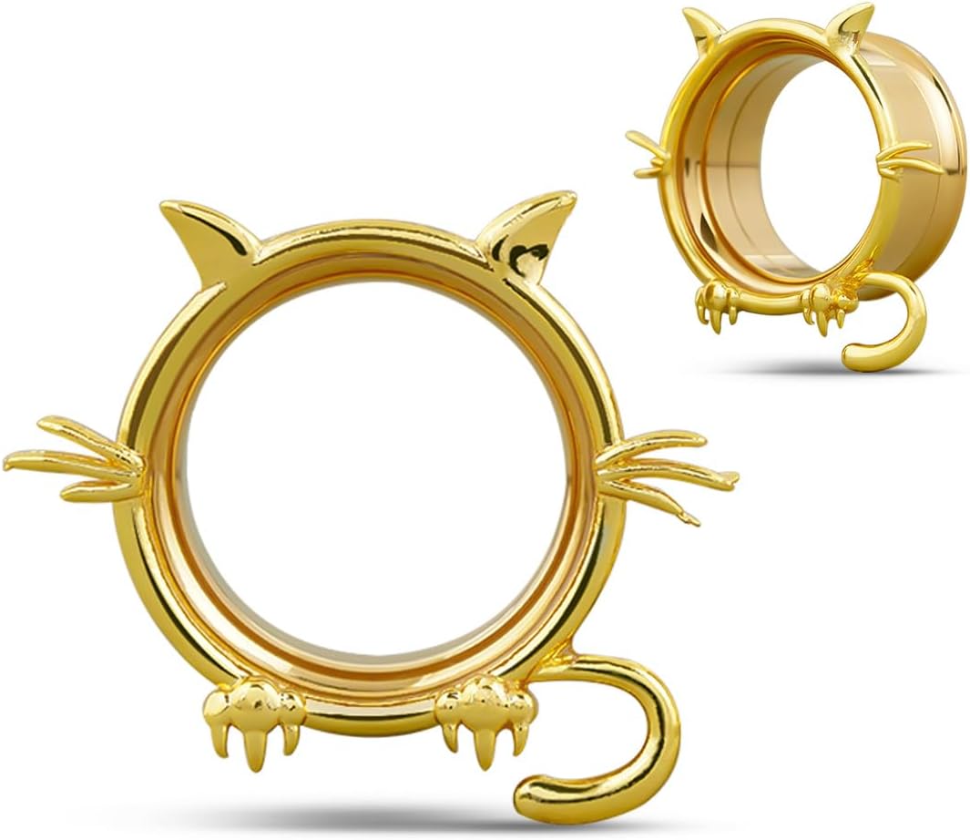 Tunnel d'oreille à vis arrière et plug double écarteur pour boucles d'oreilles, 1 paire de piercings motif chat