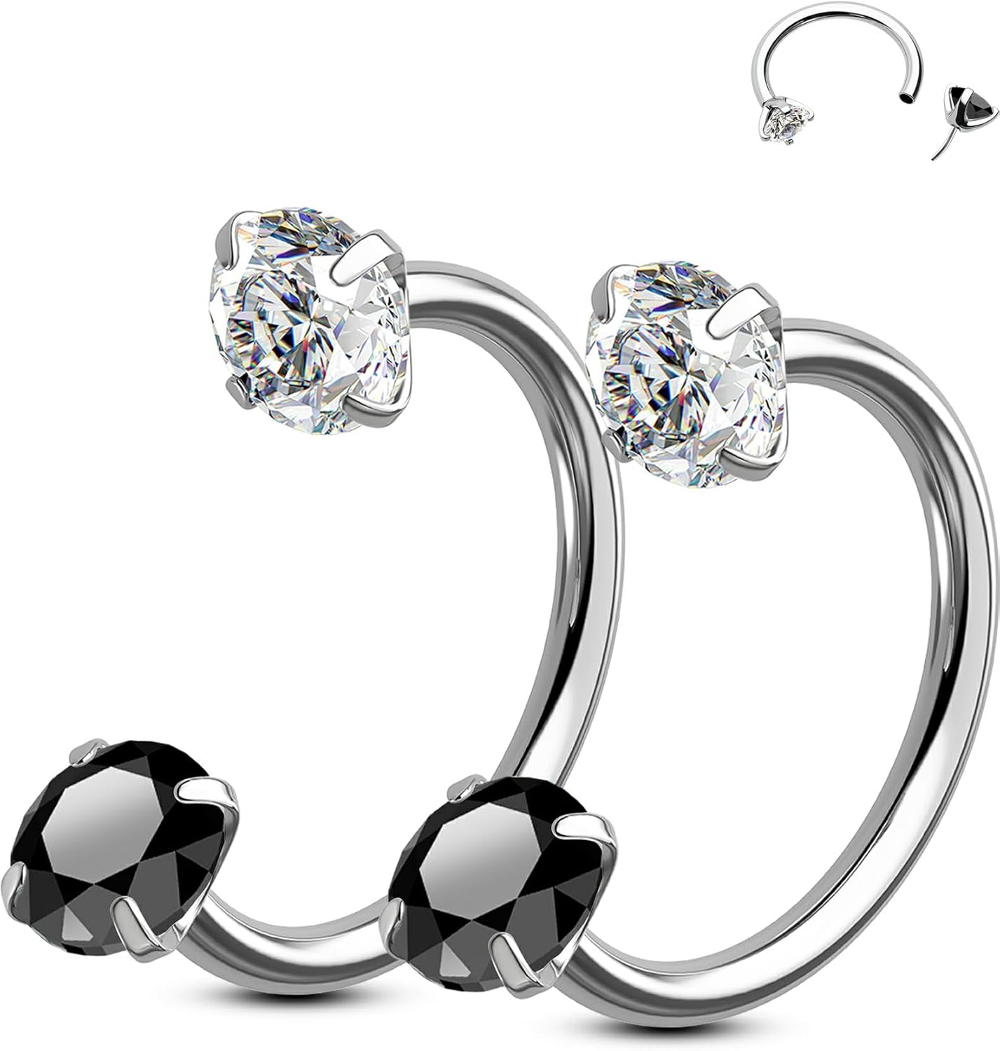 Nose Hoop Corporel 2 Pièces Boucles en Acier Chirurgical 316L Fer à Cheval pour Nez Lèvre sourcil Oreille Helix Daith 20G 7mm/8mm CZ Sans Filetage Horseshoe Rings Steel Clear Black Cz