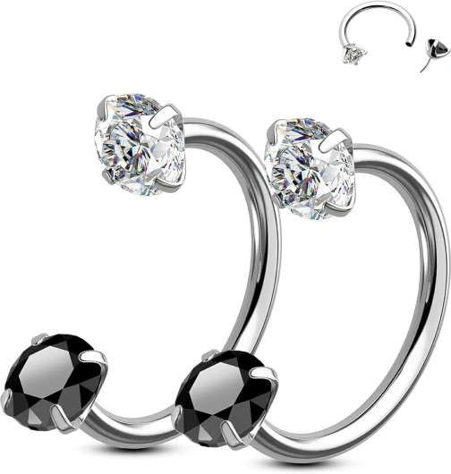 Nose Hoop Corporel 2 Pièces Boucles en Acier Chirurgical 316L Fer à Cheval pour Nez Lèvre sourcil Oreille Helix Daith 20G 7mm/8mm CZ Sans Filetage Horseshoe Rings Steel Clear Black Cz