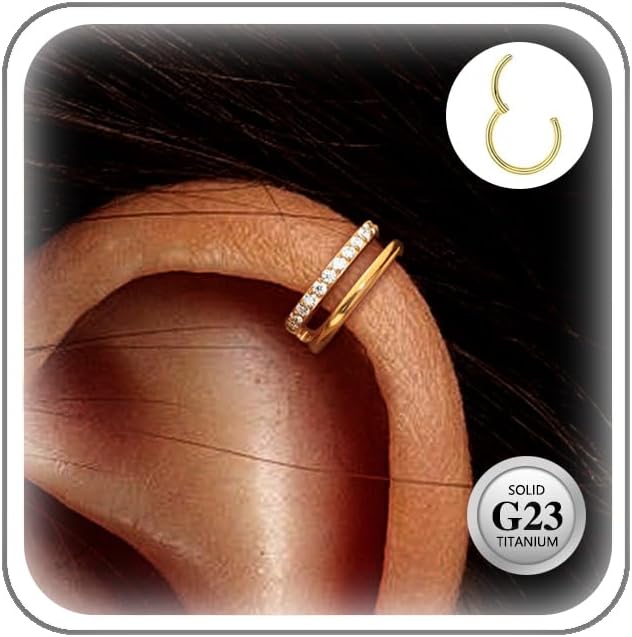 ESHIONER G23 Titane Bijoux Piercing pour Conch Hélix Septum Rook Tragus Anneaux de Nez Hypoallergénique A Charnière A Clic 16G 8/10/12MM Argent Or Double Anneau Boucles D'oreilles Cartilage pour Femme