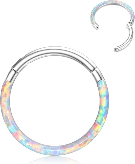 Opale Septum Piercing Nez - 16/18/20G Anneaux de Nez à Charnière en Acier Chirurgical 316L Femmes Anneaux Septum Conch Helix Daith Bijoux Piercing Violet/Rose/Bleu/Blanc 8/10mm Argent/Or