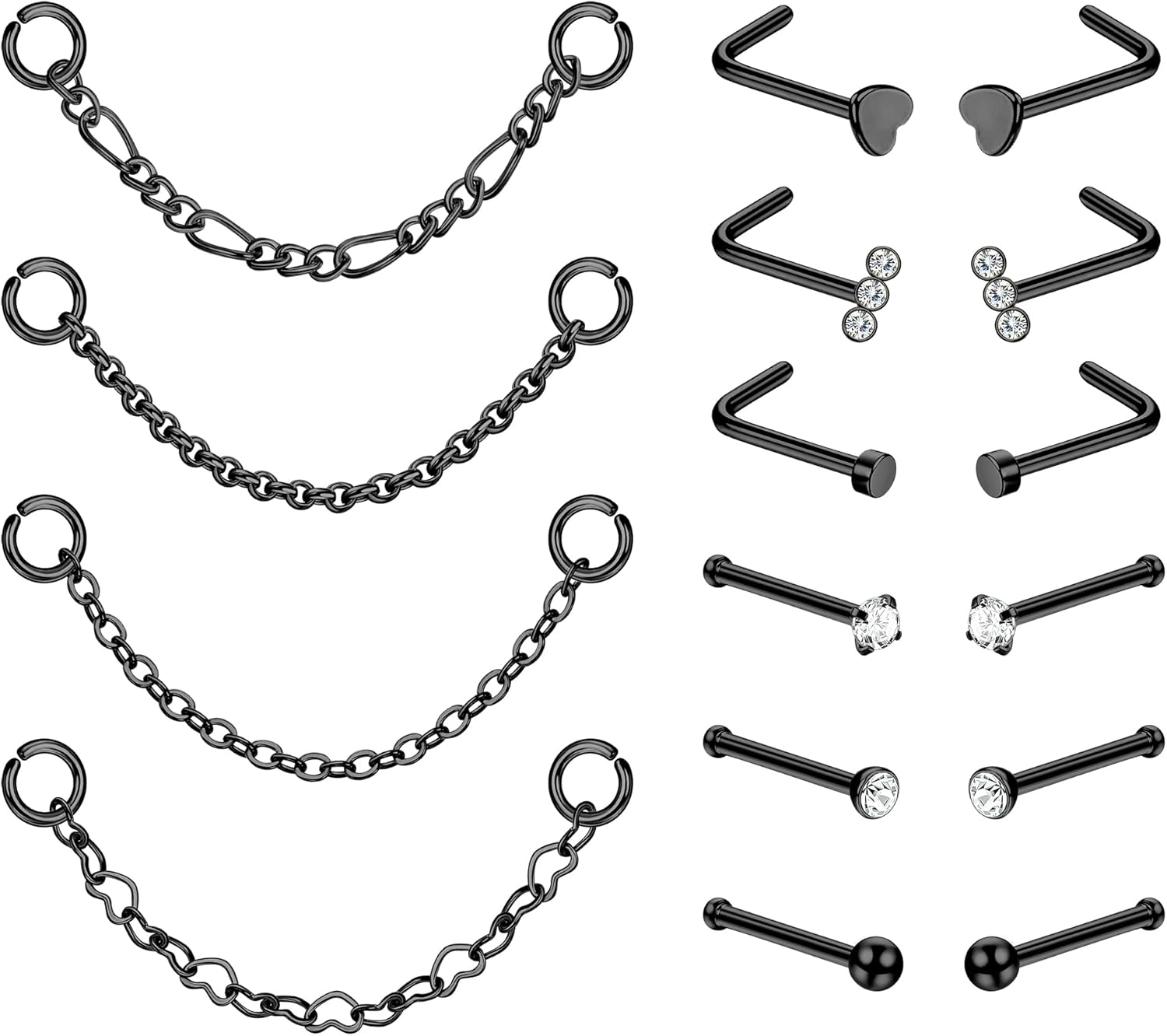 Kakonia Piercing de chaîne de nez sur le nez en acier inoxydable 316L 20G Chaînes d'anneau de nez pour les femmes Clous de nez CZ avec chaînes Chaîne de goujon de nez Bijoux de piercing de narine