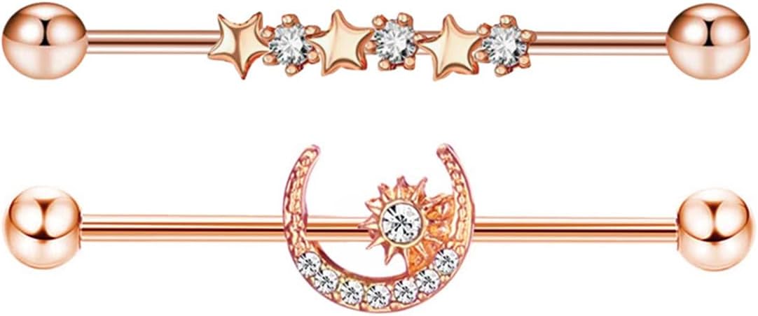 XSDSLS 2 Pcs Industriel Piercing Bijoux 14G Acier Inoxydable Industriel Barbell 38 mm Boucles d'oreilles Cartilage Helix Piercing pour Femme Or rose