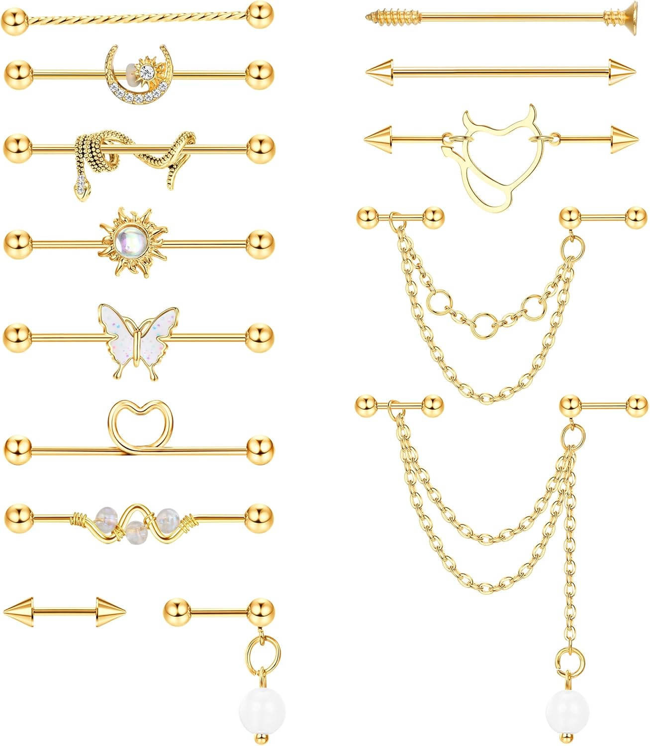 Adramata Piercing Industriel 14G 16G en Acier Chirurgical - Boucles d'Oreilles pour Cartilage, Helix - Bijoux Or et Argent B-14Pcs-Or1