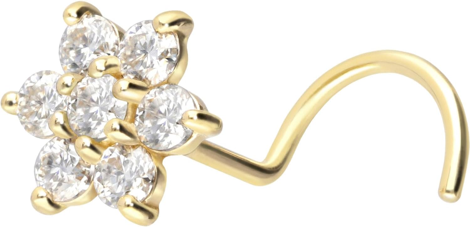 PIERCINGLINE Piercing de nez spirale en or 750 - 18 carats - Fleur avec cristal - Piercing de nez - Choix de couleurs Blanc