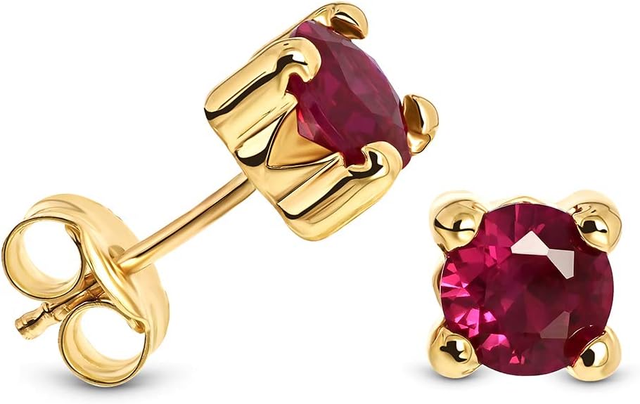 Boucles d'Oreilles Femme Or - Clou d'Oreille Or Blanc- Or Jaune Massif 9KT 375 avec Rubis, Saphir, Emeraude, Rubis, Zircone - Hypoallergénique - Piercing Gemme 5.5x5.5 mm - Avec Boîte à Bijoux Rubis Or Jaune