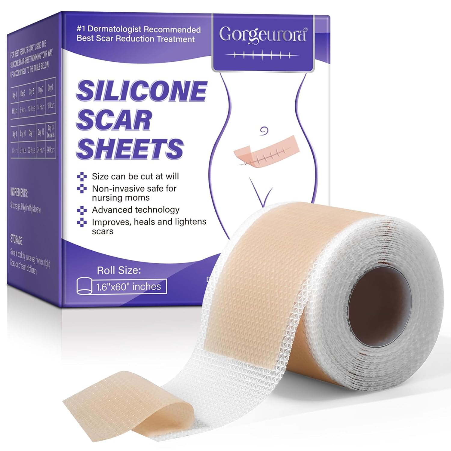 Pansement Silicone Cicatrice, Silicone Scar Sheets, Réutilisable Scar Removal Silicone Scar Tape, Convient aux cicatrices de césarienne, chirurgie, brûlures et chéloïdes (1,6"×60" - 1,5 m)