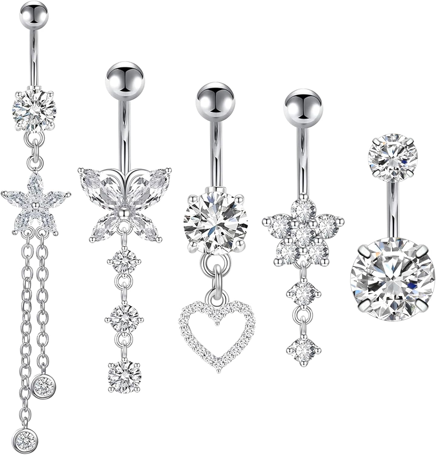 DHINCHANSAIB Percing au nombril, 5 Pièce 14G Piercing Nombril Acier Chirurgical avec CZ Clair Petits Cristaux Ronds, 14G Piercing Nombril Acier Chirurgical Long Dangle Court Inverse pour Femme Filles
