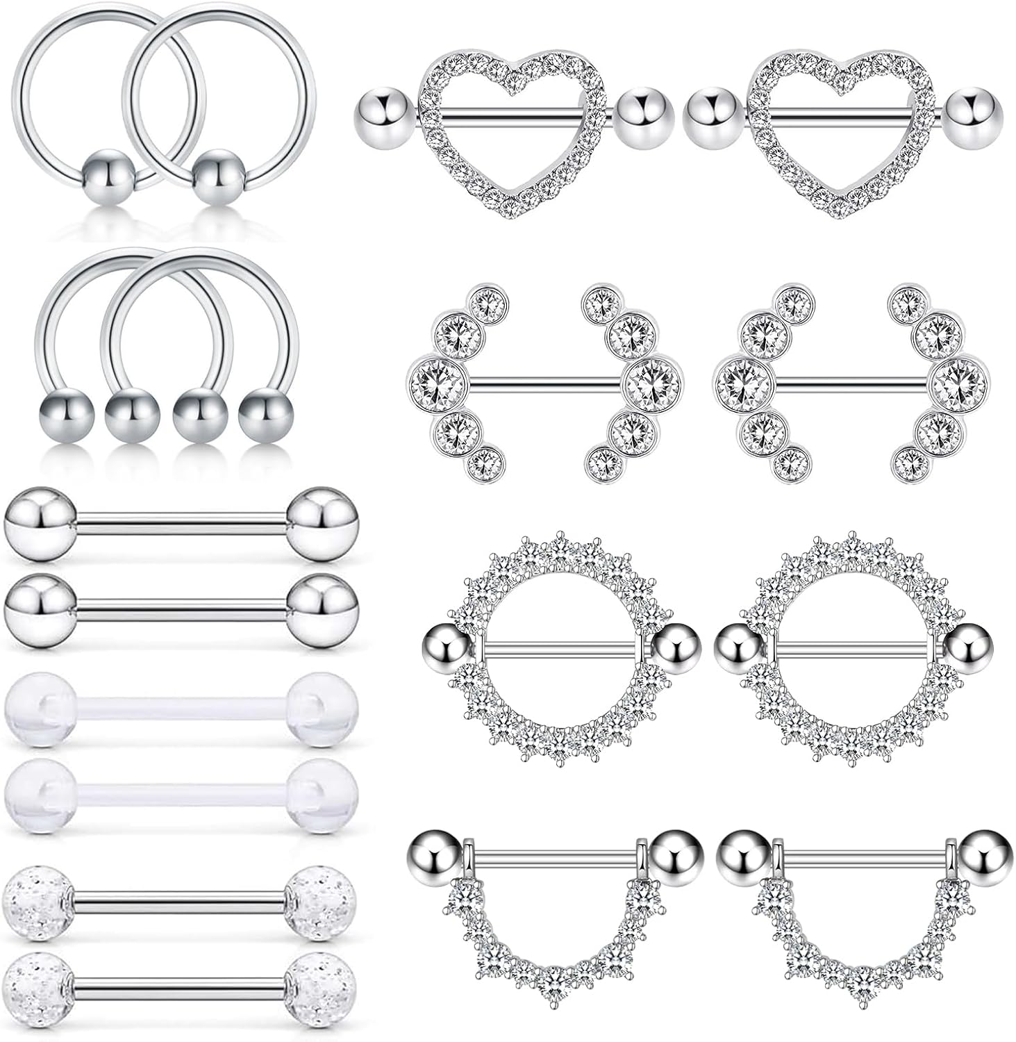 XSDSLS 9 Paires Piercing de Téton en Acier Inoxydable pour Femme,Set de piercings mamelons,Bijoux de piercing de corps,Piercing de Téton en Cœur Barbell Ring Round pour Femme Argenté-2