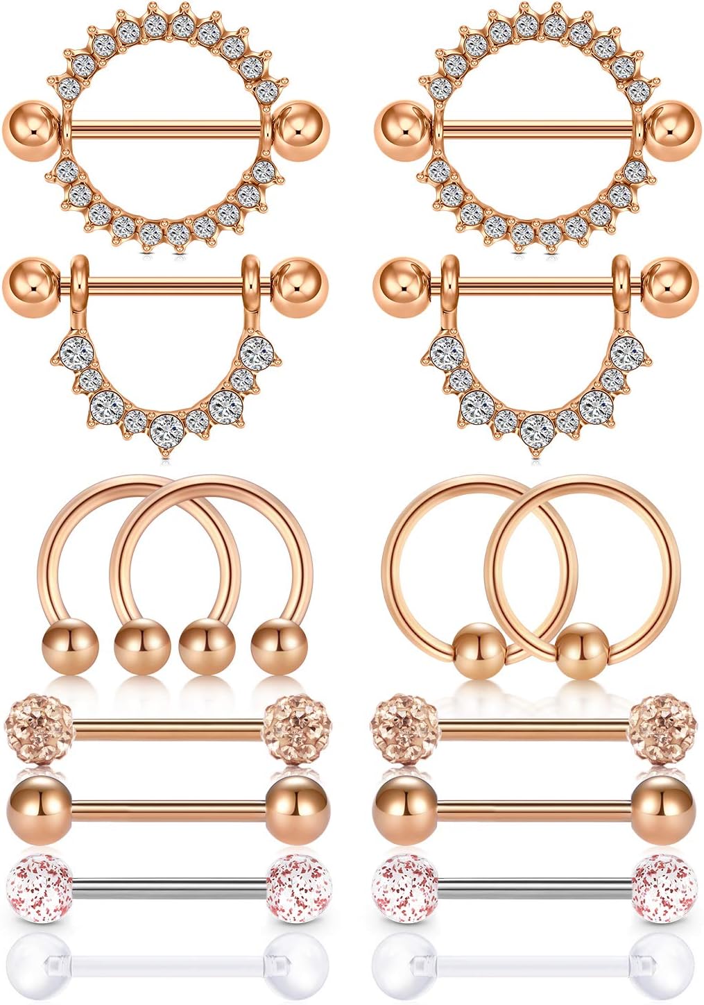 14G Piercing Téton Mamelon en Acier Chirurgical Anneaux de Langue Téton Mamelon Bijoux de Piercing Femme Homme 8 paires - or rose