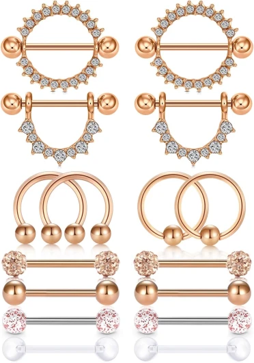 14G Piercing Téton Mamelon en Acier Chirurgical Anneaux de Langue Téton Mamelon Bijoux de Piercing Femme Homme 8 paires - or rose