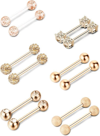 6 Pairs Nipple Bars Surgical Stainless Steel Piercing Titanium Barbell Ring Tongue Ring Cubic Zirconia Nipple Rings Body Piercing Jewelry, 14 Gauge Or Rose