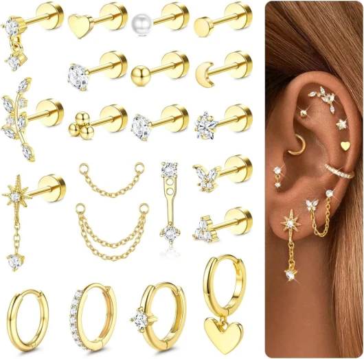 CASSIECA 21Pcs Boucles d'Oreilles Femme Acier Inoxydable Piercing Helix Or Argent Piercing Oreille Tragus Helix Conch Acier Chirurgical Bijoux Femme Ton Or