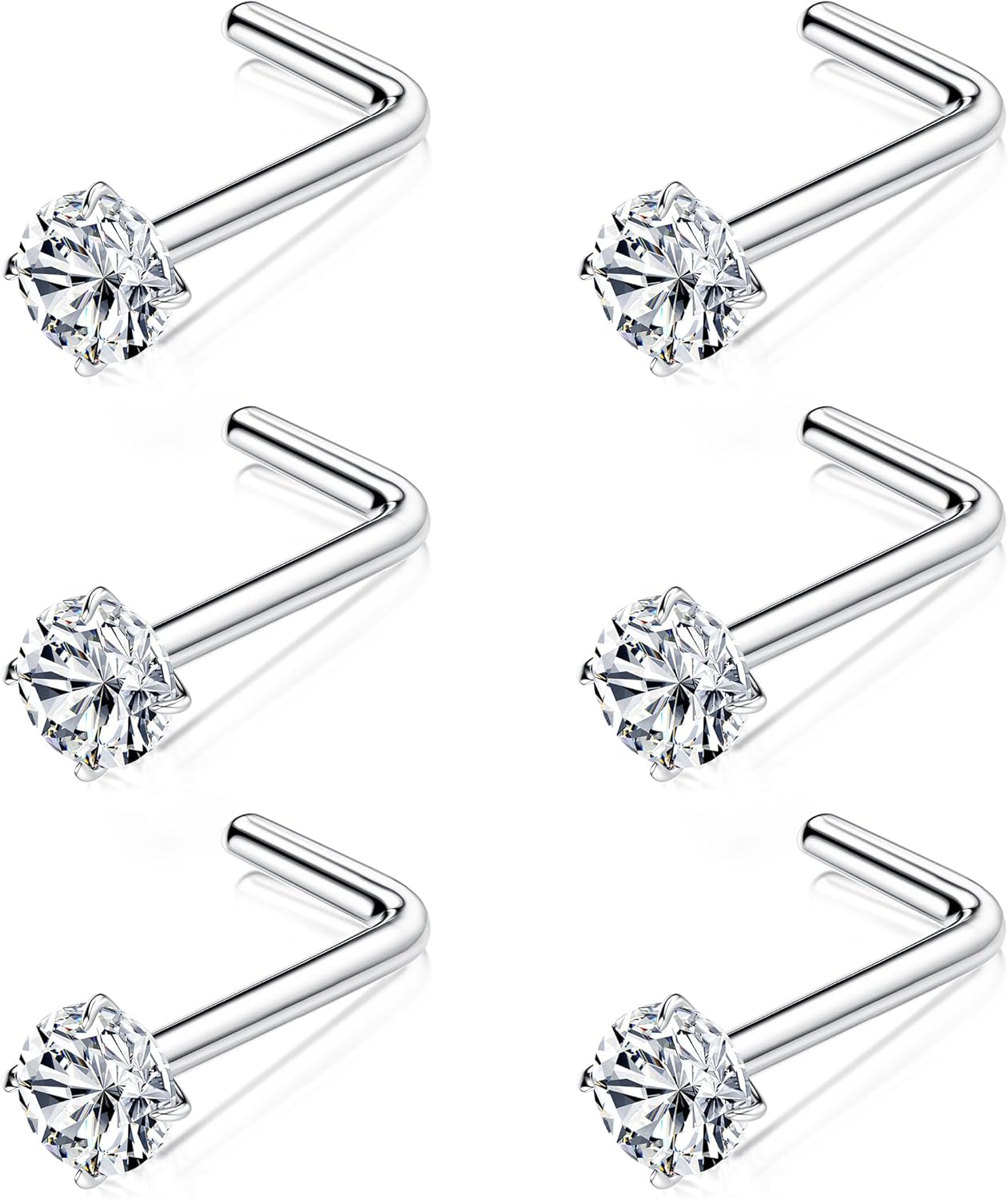6 Pièces Piercing Nez Titane G23 Vis Forme L 3mm Cubique Zircone CZ Bijoux de Corps Or Argent 18G 20G