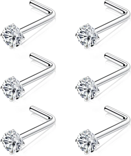 6 Pièces Piercing Nez Titane G23 Vis Forme L 3mm Cubique Zircone CZ Bijoux de Corps Or Argent 18G 20G