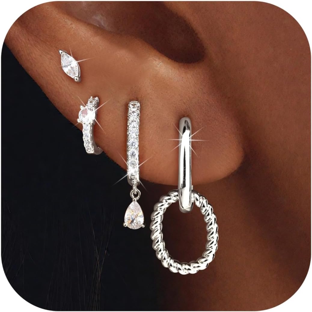 Boucles d'oreilles Femme Dorées, Set de Clous et Créoles Plaqué Or 14K, Set de Boucles d'oreilles Hypoallergéniques pour Cartilage et Empilage de Piercings Cadeaux Bijoux