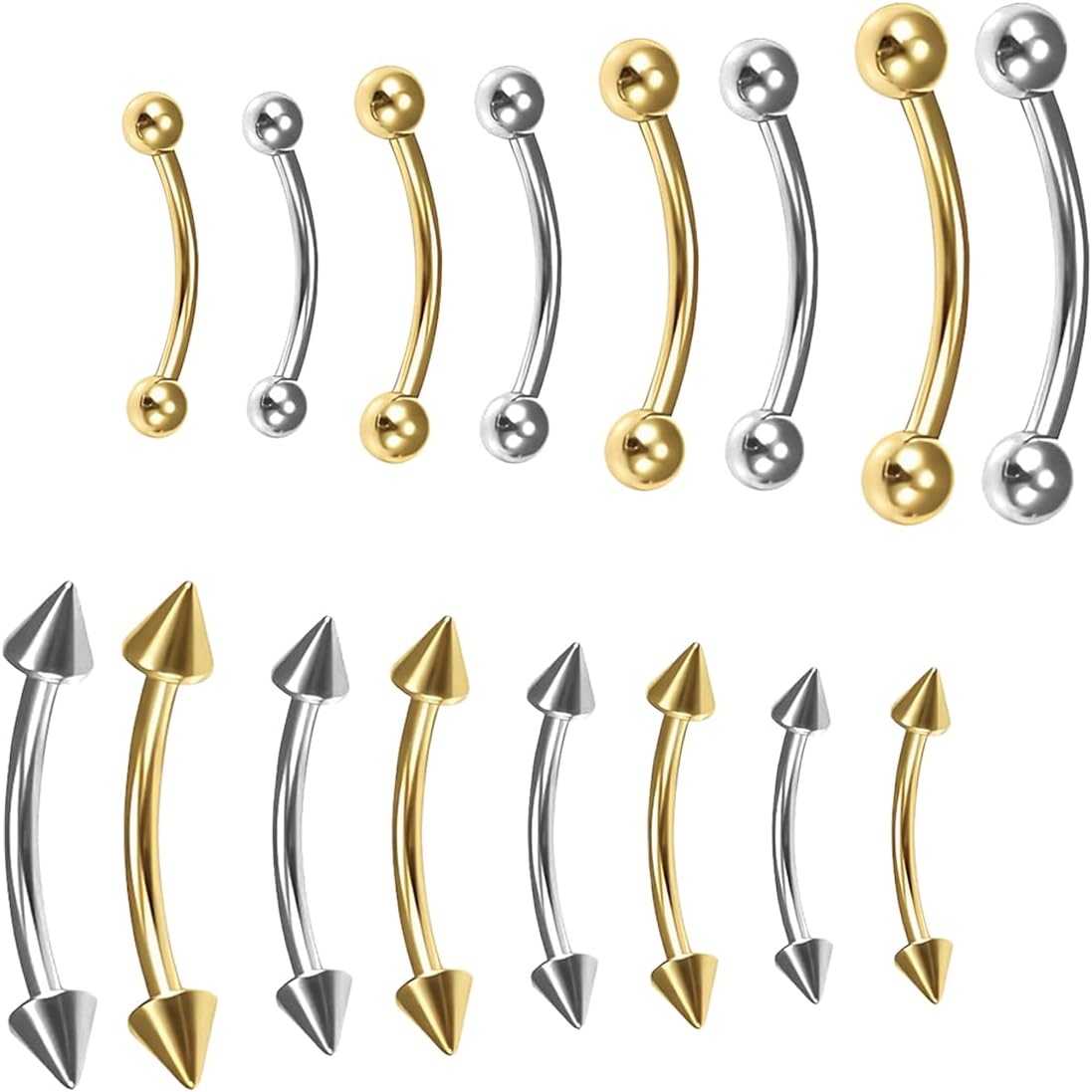 XYTAHDM Lot de 16 piercings corporels en acier médical pour sourcils et lèvres, barre incurvée, piercing personnalisé pour les lèvres, 1,2 mm