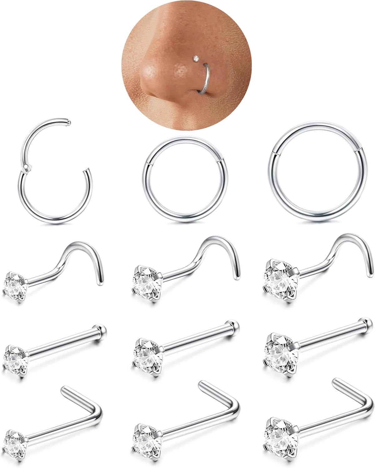 12Pcs Piercing Nez en Acier Chirurgical Piercing au Nez Rond CZ Coeur Piercings Nez Anneau pour Femmes Hommes Piercing Septum Argent Or Bijoux Femme 18/20G