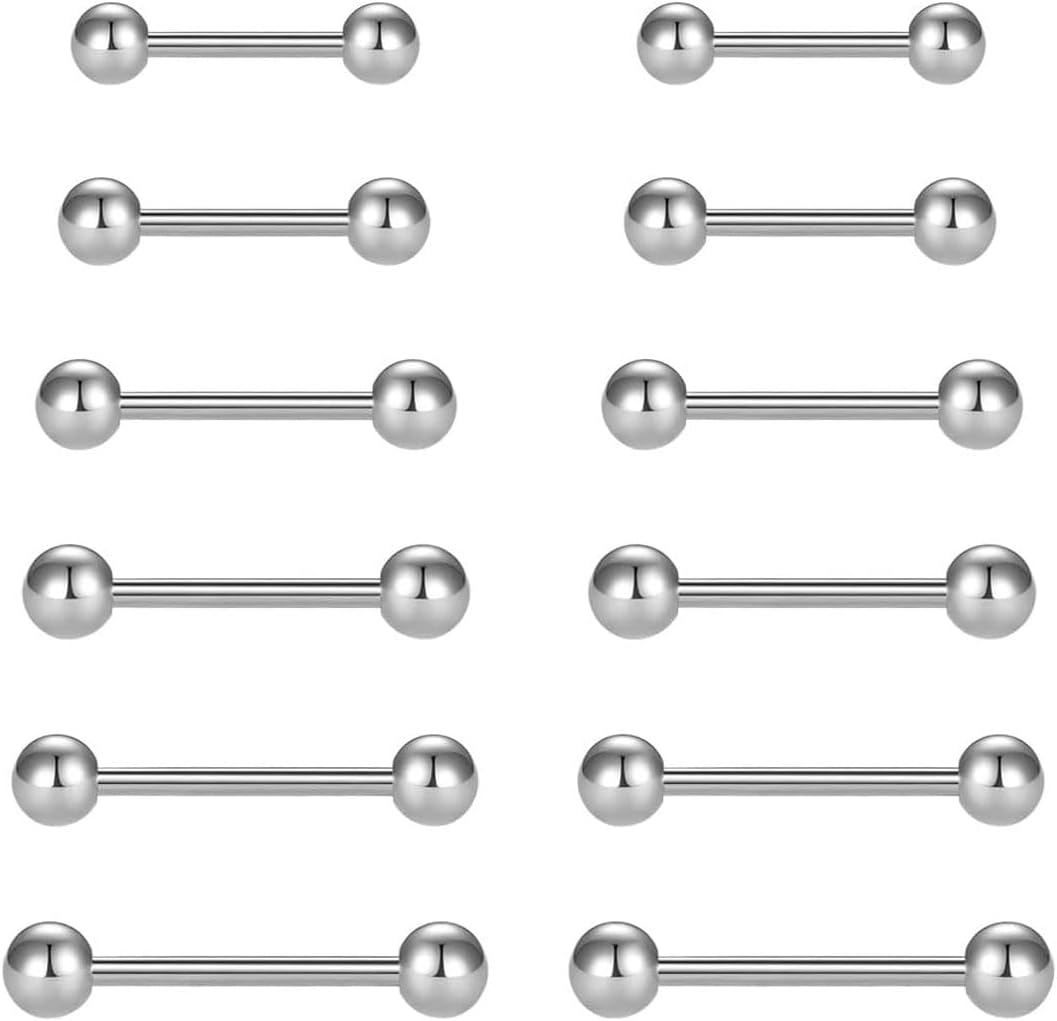 TPZORJX 12 pcs Piercings Barbells,Piercing a la Langue,Langue Barre Téton Anneaux 14G Acier Inoxydable Droite Barbell Piercing Bijoux,Piercing Tetons,Piercing Langue,Piercing Langue Acier Chirurgical