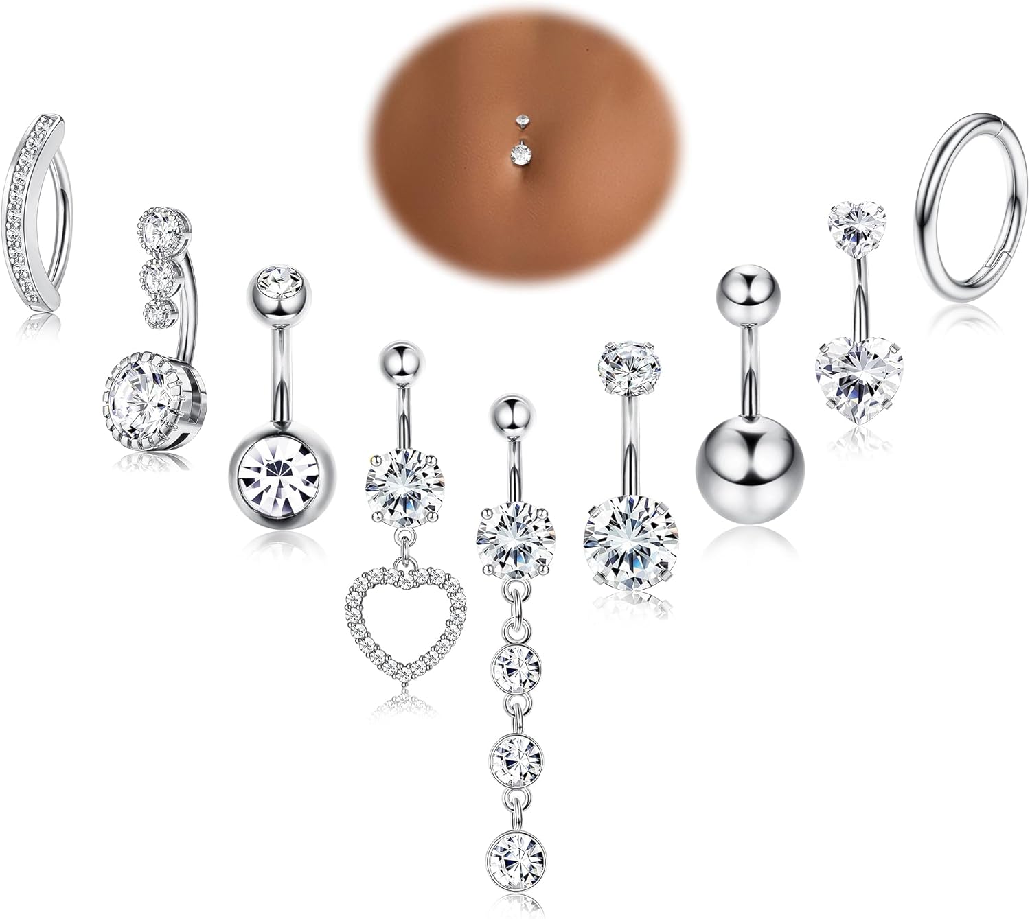 YADOCA 9Pcs 14G Piercing Nombril Acier Chirurgical Argent/Or, Piercing au Nombril CZ Piercing Nombril Anneau pour Femmes, Clicker Piercing Nombril Bijoux