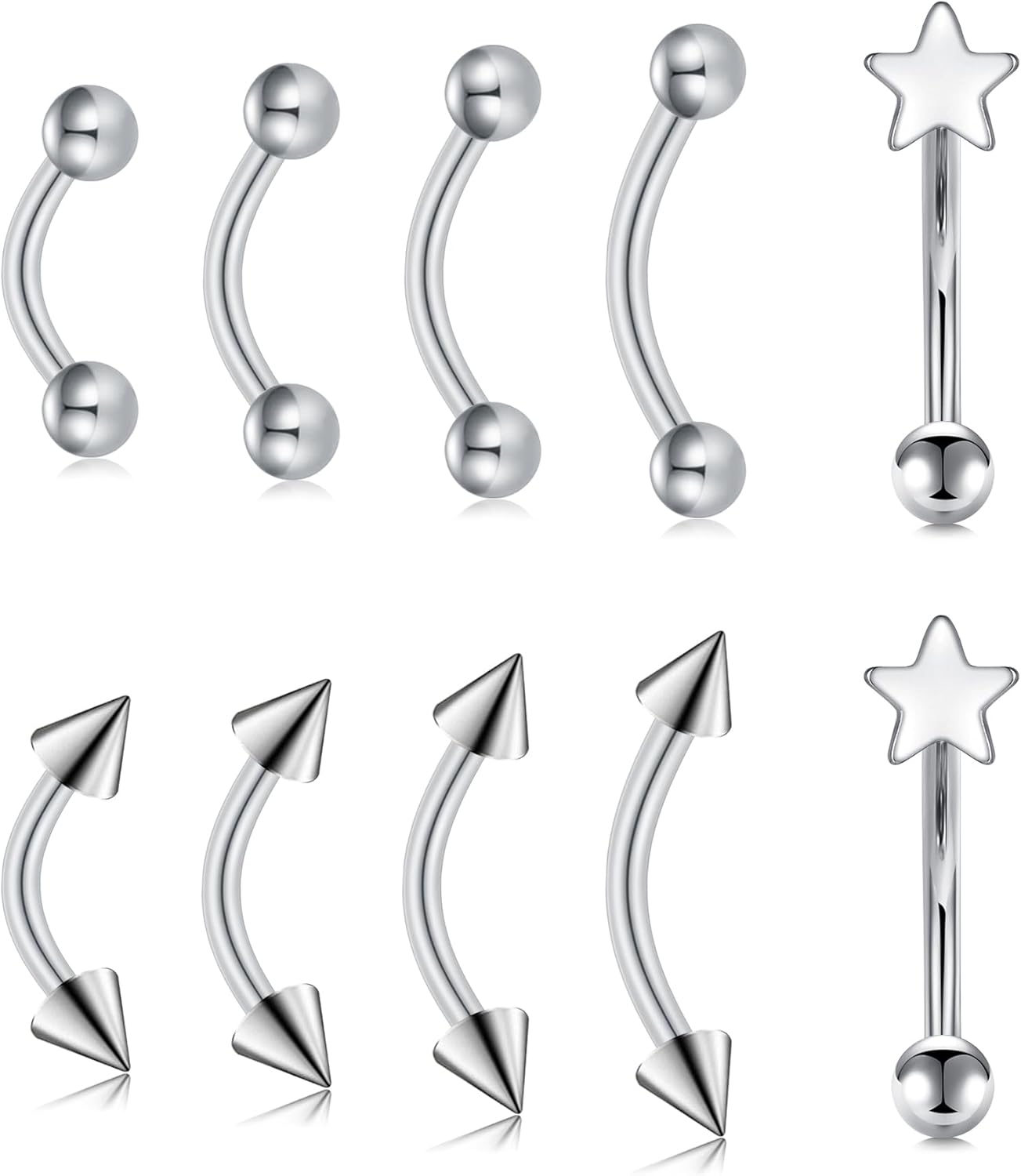 16G Acier Chirurgical Piercing Lèvre Sourcil Ventre Anneaux Helix Cartilage Oreille Bananen Bar 6 Pièces Curved Barbell Argent Étoile