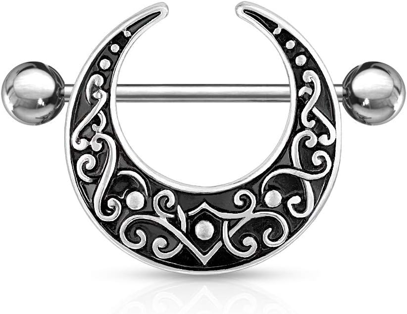 Piercing Anneau de bouclier de téton demi lune mamelon sein en acier chirurgical en forme de croissant style argent antique en filigrane 316L