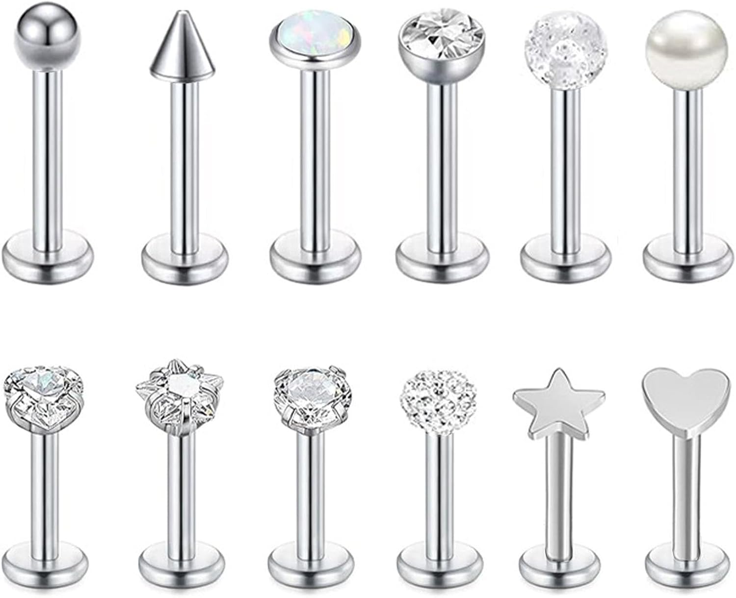 LOCCY 12 pièces Labret Levre Acier Inoxydable 16G, Labret Piercing Nez Studs lèvres Stud Labret Bars Tragus Helix Piercing Stud Piercing Bijoux pour Hommes Femmes
