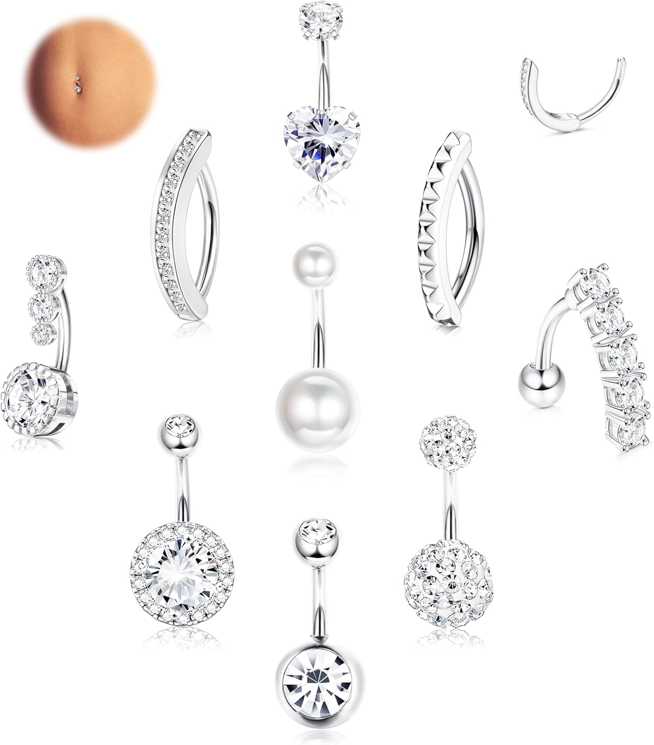 9PCS Piercing Nombril Acier Chirurgical Piercing au Nombril Or Argent Clicker Piercing Nombril Anneau 10MM