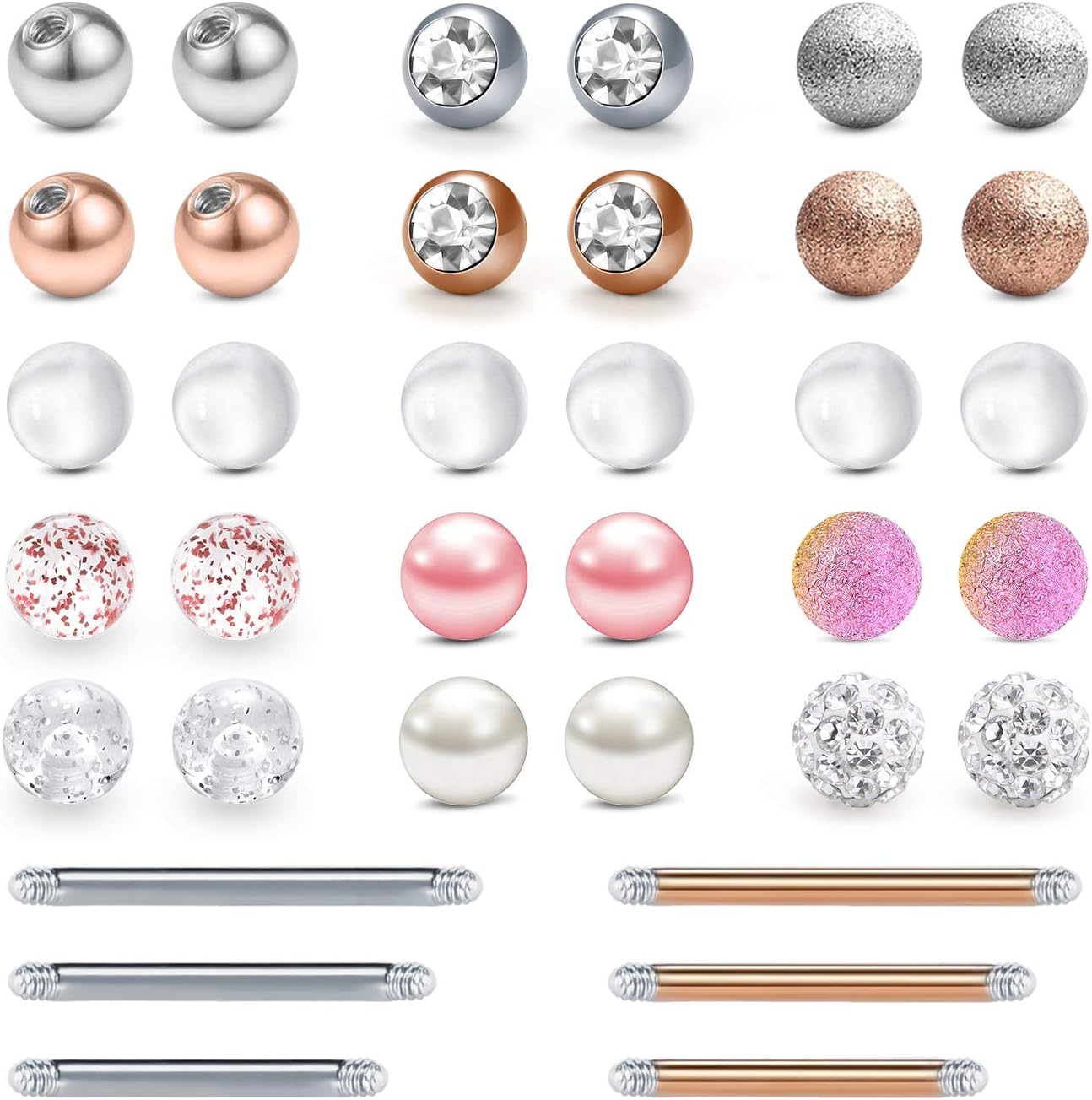 36pcs 14G Boules de Piercing de Rechange 5mm 1.6mm Acier Chirurgical Langue Piercing Mamelon Corps Bijoux 12/14/16mm Rosegold