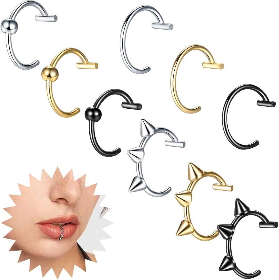 JEYORZY 9 Pièces Faux Piercing Faux Piercing, Levre Faux Septum Piercing, Nez Faux Anneau Nez Piercing Nez Anneaux Ensemble, Boucle D'oreille, Argent, Noir, Or