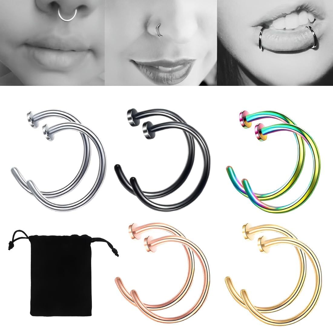 GGUFAY 10 Pièces Faux Piercing Faux Piercing Nez,8mm Piercing Nez,Acier Chirurgical Faux Anneau Nez,Non Piercing Fake Piercing Nez Femme Homme,Pour Nez Lèvre Poitrine Intime Charnière