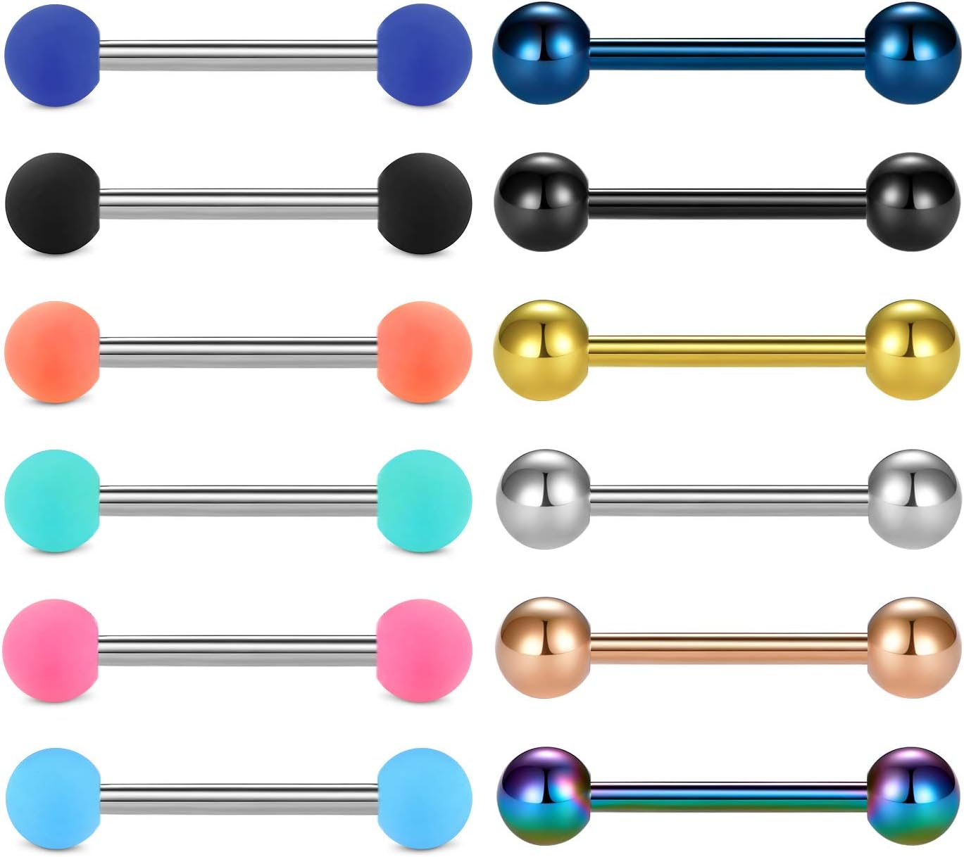 12pcs Barres de Langue mis 14mm Barbell en Acier Inoxydable 14G Anneau de Mamelon Piercing Bijoux